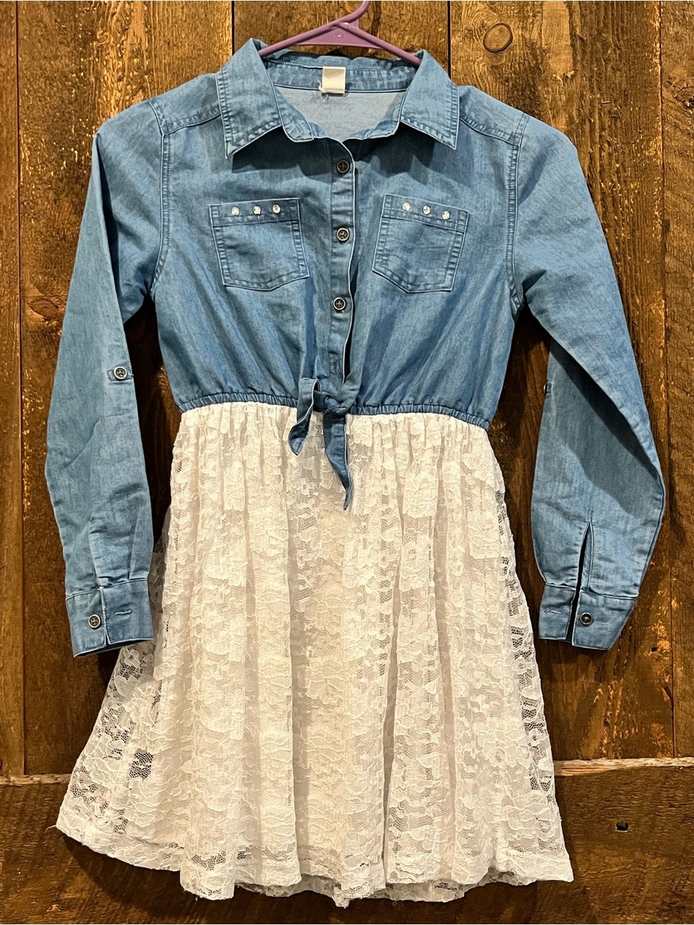 Girls Denim Tie-Front Top with White Lace Skirt Dress